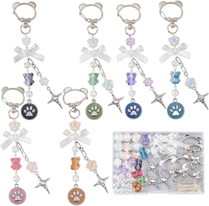 SUNNYCLUE 1 Box DIY 6 Sets Bear Bag Charms Keychain Making Kits Colorful Little Bear Bead Animal Paw Print Teddy Bead Keyring Charms for Purse Backpack Handbag Decor Pendant DIY Kit Women Accessories
