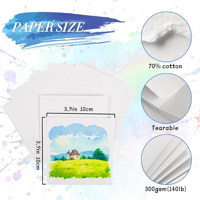 Mixed Media Art Sketchbook,3.9"x3.9" Tearable Watercolor Sketchbook,20 Sheets 140lb/300gsm Fine Grain Watercolor Paper, Heavyweight Acid-Free Drawing Paper for All Artists or Beginners.White