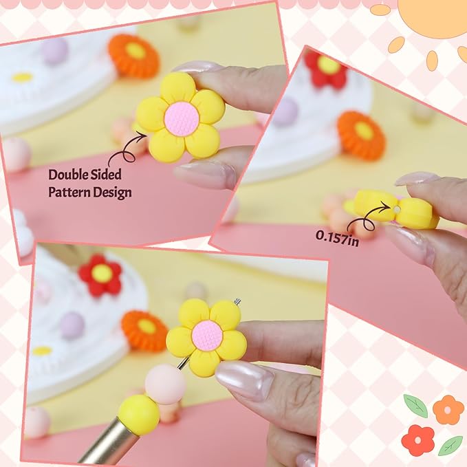12pcs Flowers Silicone Focal Beads, Focal Beads for Keychain Making, Pens, Bracelet, Necklace Crafts, Bulk for DIY（Flowers）