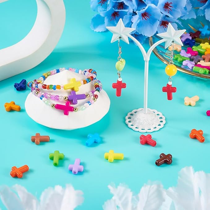 FASHEWELRY 225Pcs Acrylic Cross Beads for Bracelets - Assorted Color Crosses Crucifix Christian Beads Chunky Rosary Spacer Bead for Necklaces, Key Chains, Jewelry Making Easter Supplies