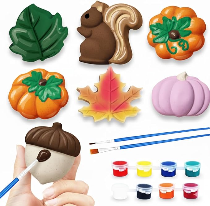 ArtCreativity Thanksgiving Ceramic Painting Craft - 7 Pack - Kids Fall Crafts Includes 7 Ceramic Figures, 8 Paint Set, 2 Brushes, 7 Adhesive Magnet - DIY Thanksgiving Paint Activity for Toddlers 3-8