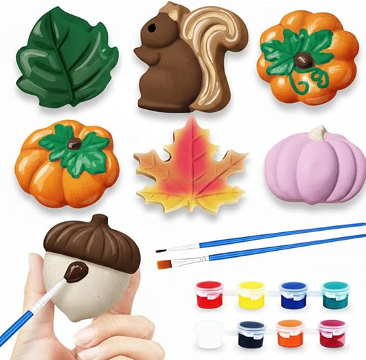 ArtCreativity Thanksgiving Ceramic Painting Craft - 7 Pack - Kids Fall Crafts Includes 7 Ceramic Figures, 8 Paint Set, 2 Brushes, 7 Adhesive Magnet - DIY Thanksgiving Paint Activity for Toddlers 3-8