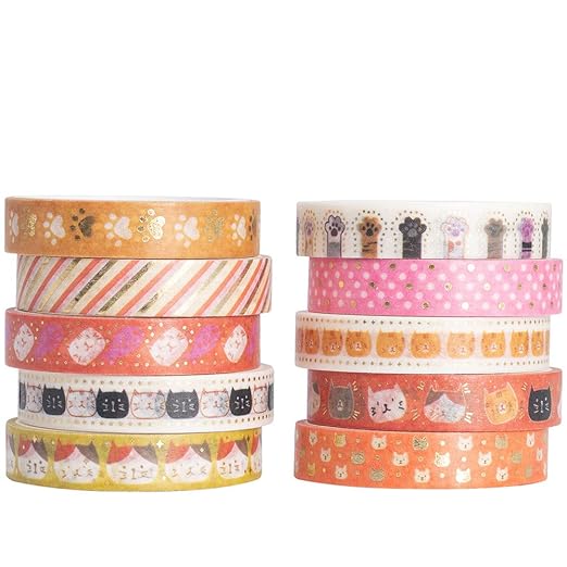 YUBBAEX 10 Rolls Sparkling Washi Tape Set 8mm Skinny Gold Foil Decorative Masking Washi Tapes for Journal,Scrapbook, Planner, DIY Crafts (Sweety Kittens)
