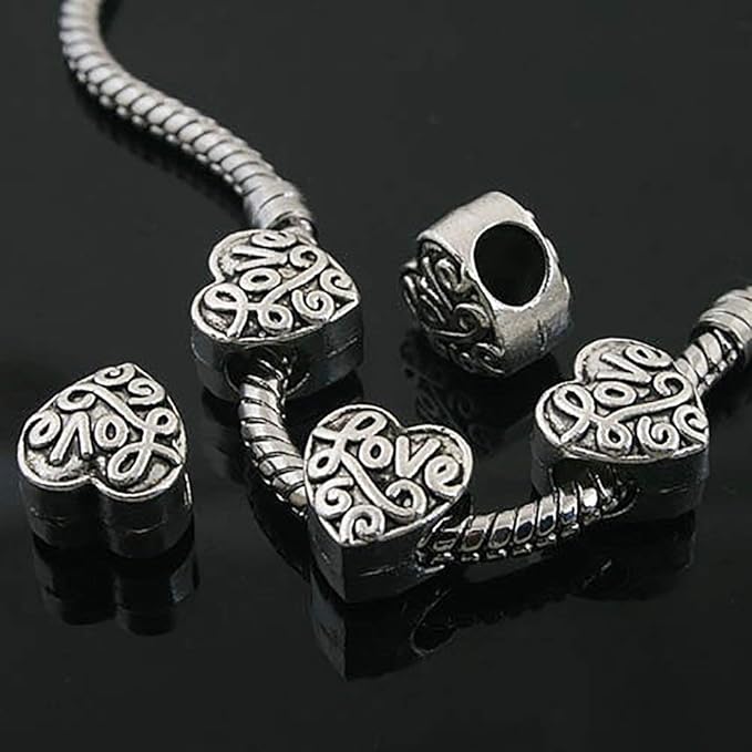 RUBYCA 50pcs Tibetan Silver Tone Spacer Beads Fit European Charms Bracelet HRUBYCA With Love Design