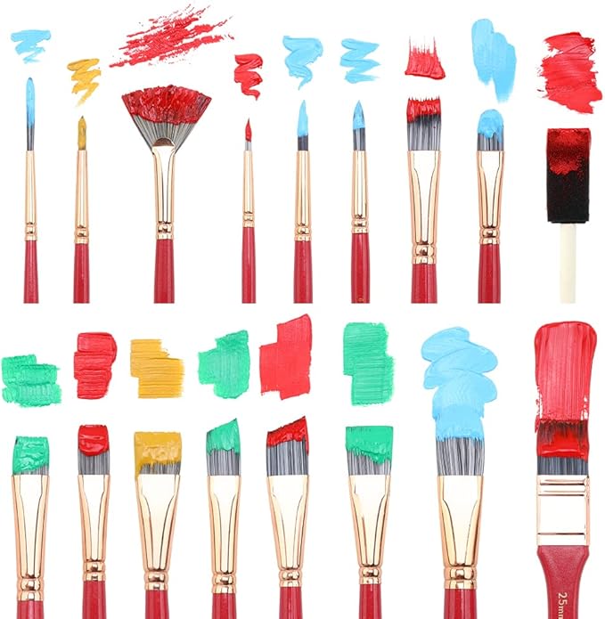 Transon Art Paint Brush Kit 16 Paint Brushes with Foam Brush Sponge Spatula and Brush Case for Oil, Acrylic, Watercolor, Gouache, Painting Pink Color
