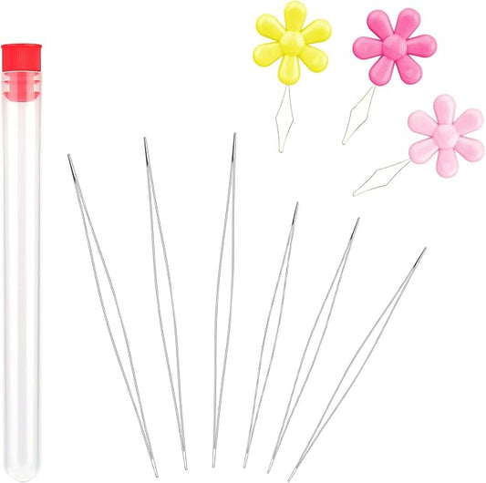 6 Pieces Big Eye Beading Needles, 2 Sizes Collapsible Eye Needles for Beading with Needle Bottle, Threader for Jewelry Making (1.77inch+2.28inch)