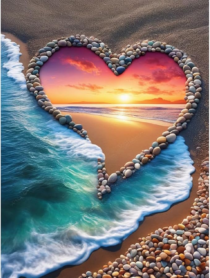 STGLCR Beach Diamond Painting Kits for Adults, 5D Love Diamond Art Kits for Beginners, DIY Full Round Drill Paint by Diamonds,Sunset Diamond Art Kits Diamond Dots Home Wall Decor 12 x 16 Inch