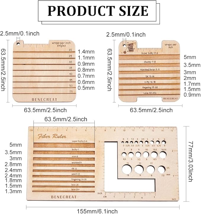 BENECREAT 3Pcs Knitting Needle Gauge Multifunctional Wood Spinning Control Card Knitting Tool for Spinners Yarn WPI Guide Gauge Measuring Tools Crochet Accessories