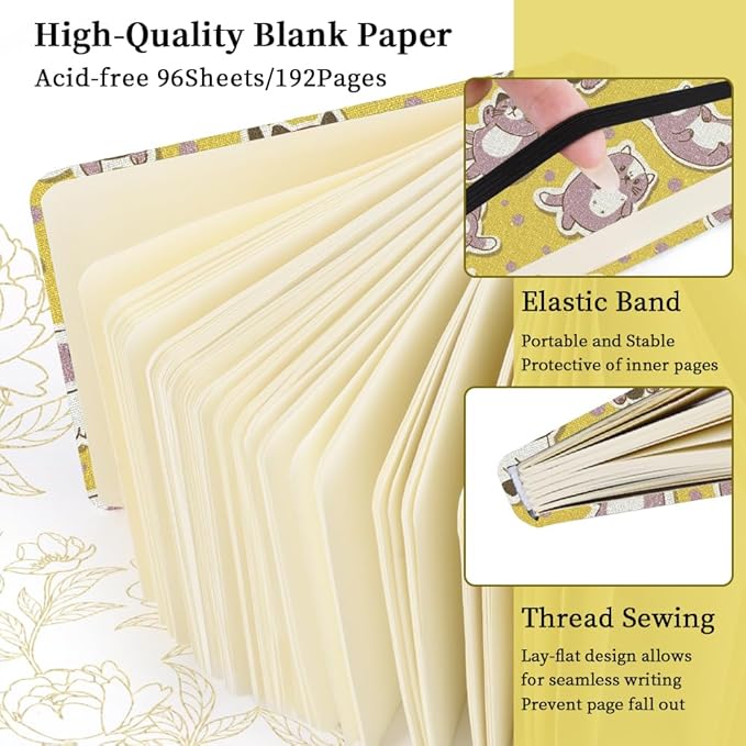 Square 4.8x4.8 inches 80gsm 96sheets/192 Pages Notebooks Blank Sketchbooks Travel Journal Pocket Hardcover Paint Writing Diary Memo Planner Cloth Cover. Yellow Cat