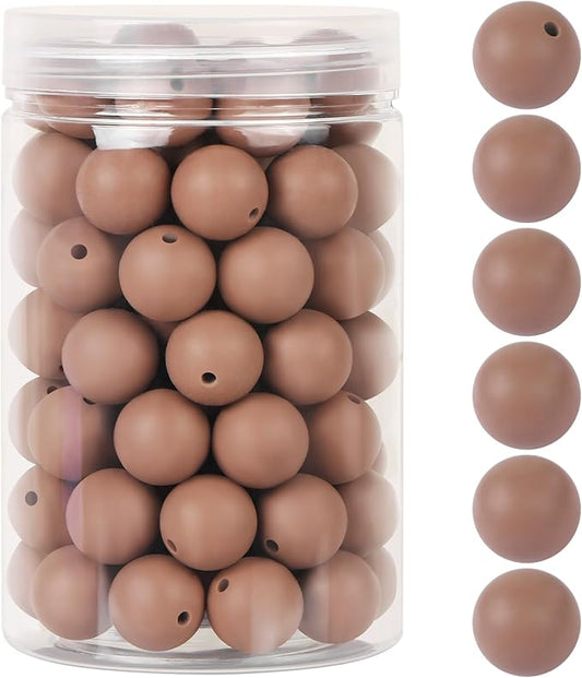 110 Pcs Silicone Focal Beads, EVERMARKET 15mm Silicone Beads for Keychain Making, Round Silicone Beads Bulk with Bottle, Rubber Loose Beads for Pens Crafts Necklace Bracelet Lanyard (Light Coffee)