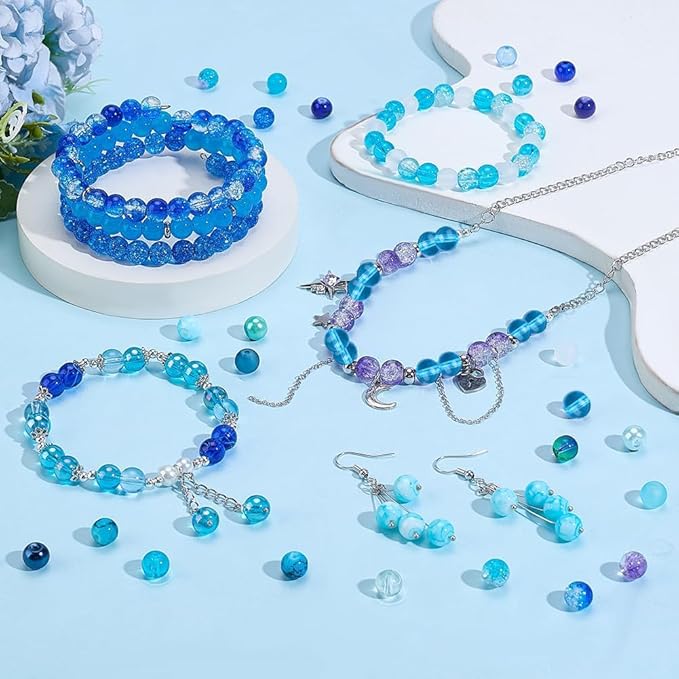 PH PandaHall 720pcs 8mm Blue Beads for Jewelry Making Glass Beads 24 Color Bracelet Bead Round Craft Loose Bead for Bracelets Necklaces Earring Summer Hawaii Boho Heshi Surfer Wave Jewelry Making
