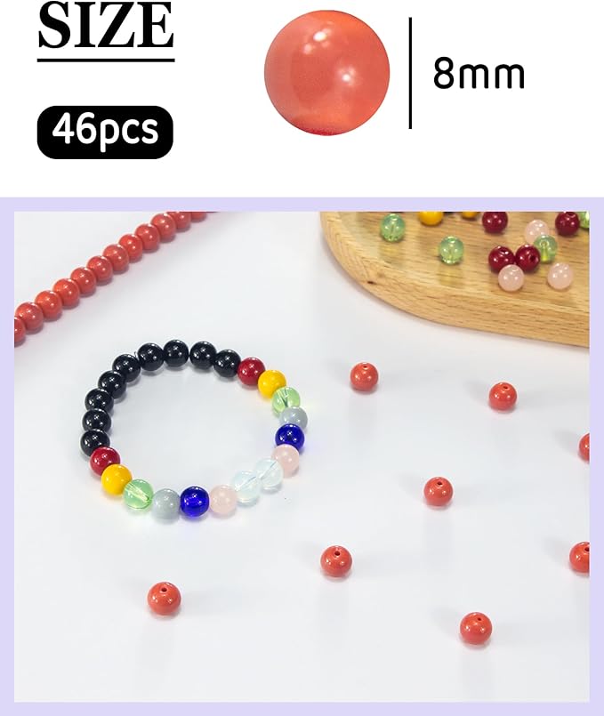 8mm Glass Beads 46PCS Glass Beads for Jewelry Making Charm Round Loose Bead for Bracelet Making Kit (Red Glass)
