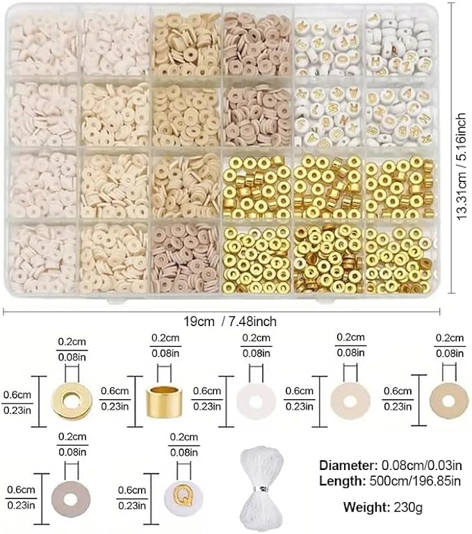 Believo 24-Grid DIY Clay Beads Bracelet Kit - 4 Soft Beige Colors Polymer Clay Beads + Golden Spacer Beads & Alphabet Beads + 5m Elastic Cord for Jewelry Making, Friendship Bracelets & Gift Crafts