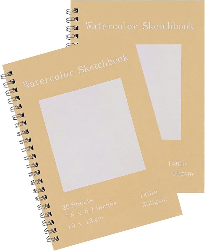 Set of 2, Each with 20 Sheets, 7.5 x 5.1 Inches, 140 lb Cold Press Watercolor Paper, 1150 GSM Brown Hard Cover, Spiral Bound, White Pages for Drawing and Painting