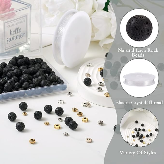 FASHEWELRY Mala Yoga Men Bracelet Making Kit - 300pcs Natural Gemstone Lava Rock Tibetan Alloy Beads Healing Chakra Stone Beads with Elastic Thread for Essential Oil Diffuser Jewelry Making
