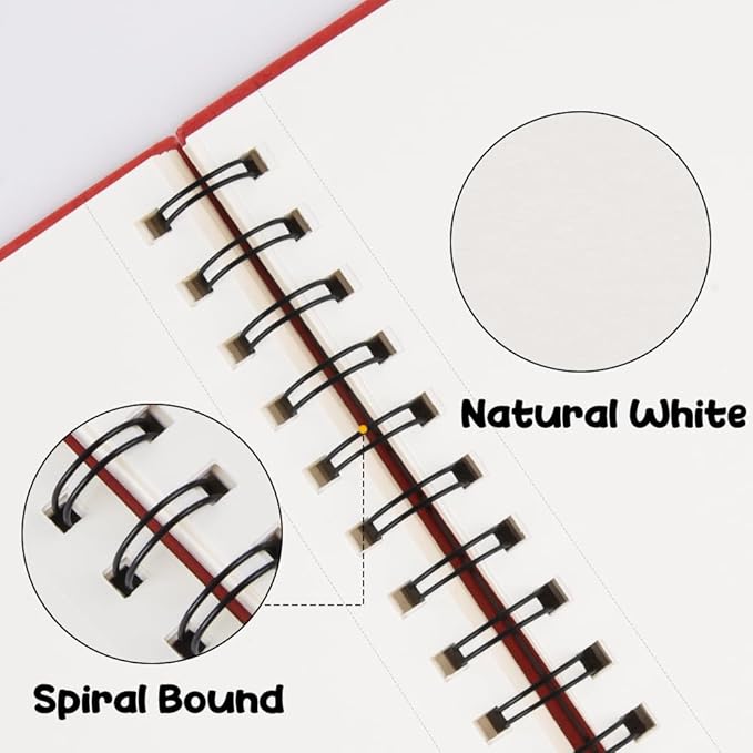5.8x8.3in Sketch Book, 60Sheets Spiral Bound Notebooks, Natural White 92lbs/150gsm Acid-Free Drawing Paper for Painting,Sketching, Professional Sketch Pad for Artists, Beginners. NW-Red