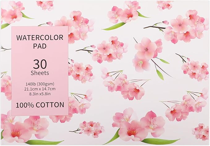 30 Sheets A5 Watercolor Paper Pad(8.3 x 5.8), 140 LB/300 GSM, 100% Cotton Cold Pressed Watercolor Paper for Watercolor Drawing, Mixed Media, Art Journaling, Gouache Ink