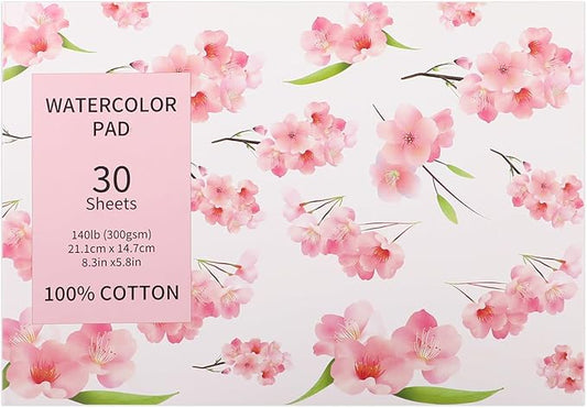 30 Sheets A5 Watercolor Paper Pad(8.3 x 5.8), 140 LB/300 GSM, 100% Cotton Cold Pressed Watercolor Paper for Watercolor Drawing, Mixed Media, Art Journaling, Gouache Ink
