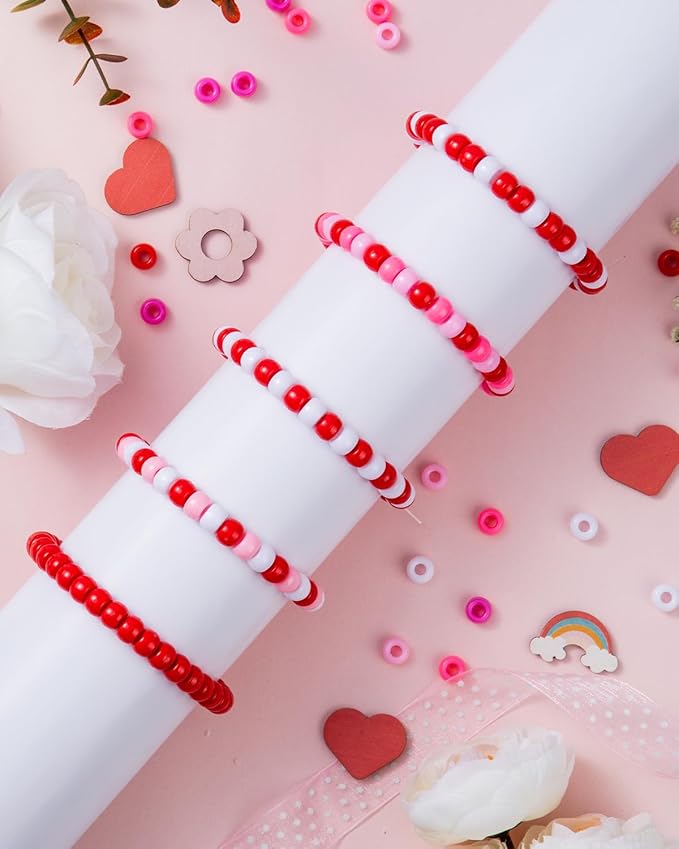 1000+ Pcs Valentines Day Pony Beads, 5 Pink-Red-White Colors, Plastic Kandi Beads for Bracelet Making, Hair Braids, Necklaces, Key Chains, Jewelry, and DIY Crafts, Party