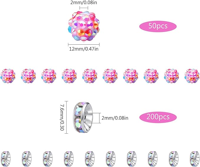 LAIDANLA 250pcs 12mm Colorful Rhinestone Beads and 8mm Rondelle Spacer Beads for Beadable Pens, Sparkly Shamballa Disco Ball Bead for Jewelry Making Bracelets Necklaces Earring DIY Craft