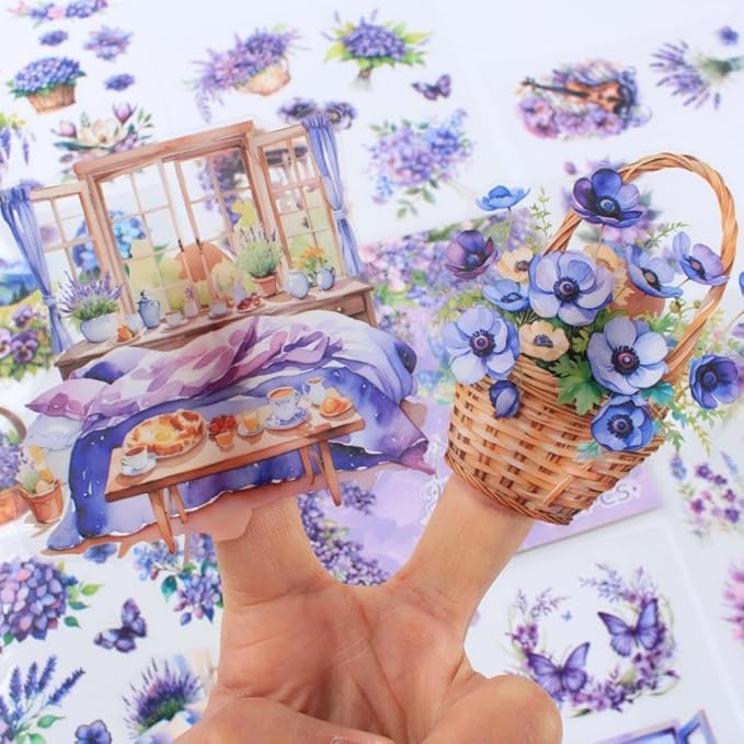 30 Sheets Precut Purple Garden Landscape Stickers Book for Junk Journal Supplies, Transparent PET Stickers for Journaling, Scrapbooking, Bujo, Collage, Card Making