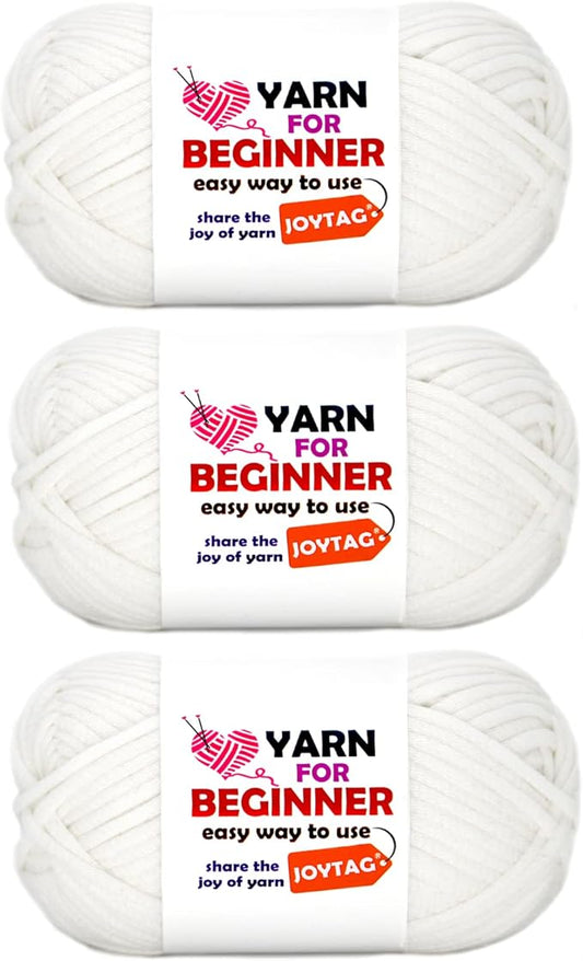 White Yarn for Crocheting and Knitting Cotton Crochet Knitting Yarn for Beginners with Easy-to-See Stitches Cotton-Nylon Blend Easy Yarn for Beginners Crochet Kit(3x50g)