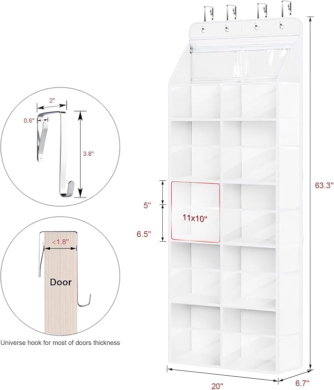 Univivi 6 Tiers Hanging Yarn Storage Organizer, Large Knitting Organizer with 12 Deep Clear Pockets & 10 Mesh Side Pockets, Over The Door Yarn Holder for Crochet Hooks, Knitting Needles, White