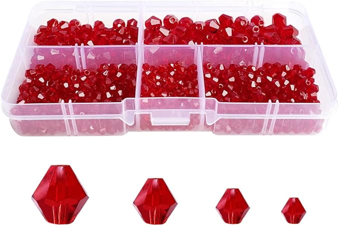 Red Bicone Glass Beads for Jewelry Making, Faceted Crytal Spacer Beads for Bracelet Necklace Earring (3mm 4mm 6mm 8mm Mixed Sizes, 1040pcs)