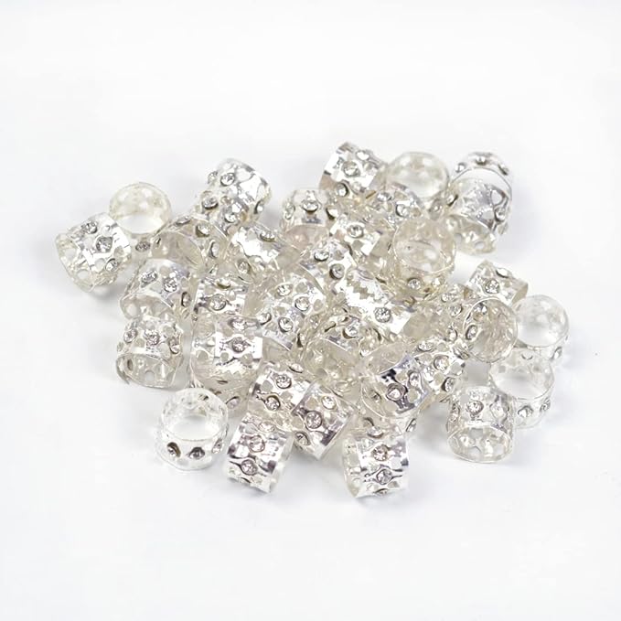 40 Pcs Silver Dreadlocks Beads Rhinestone Hair Rings Aluminum Adjustable Metal Hair Cuffs Beads Rings for Braids Hair Clip Decoration