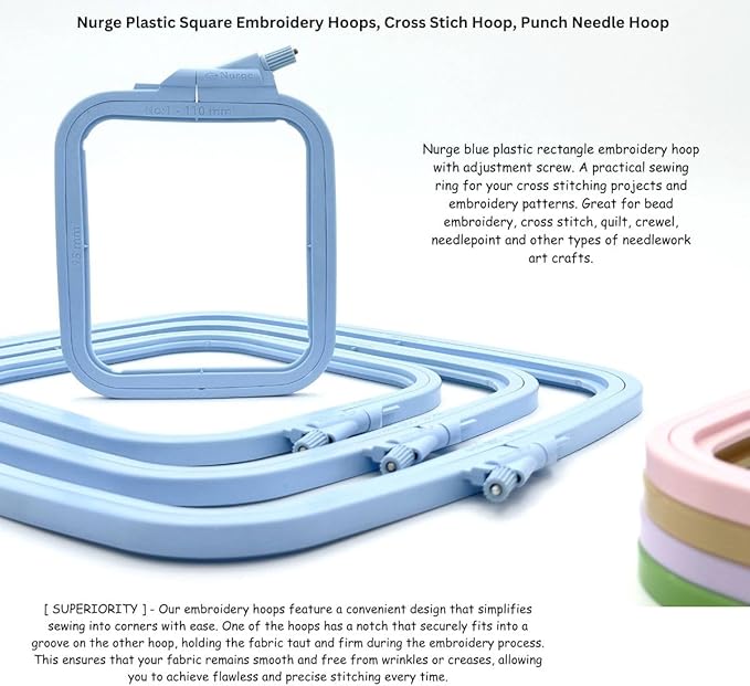 nurge square embroidery hoop - plastic cross stitch frame for needlepoint & embroidery - adjustable craft hoop - blue - no:4 (large)