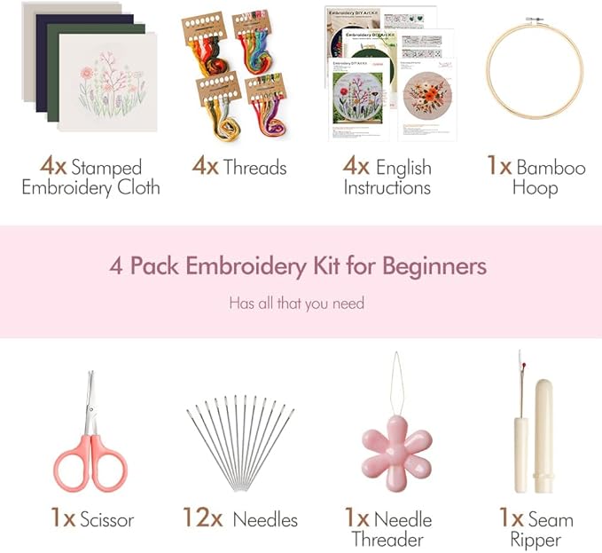 4 pack embroidery kit for beginners adults diy starter kit, cross stitch kits with flower stamped patterns, embroidery hoop, tools,colorful threads,step by step instructions,hand craft lover gift