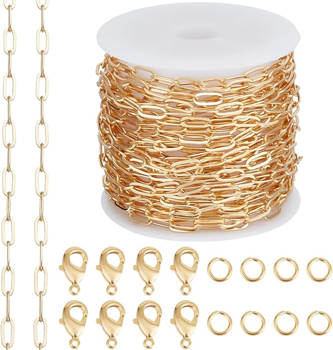 Beebeecraft 1 Roll 16.4 Feet/5m Paperclip Chain for Jewelry Making 18K Gold Plated Brass Cable Chain with 10Pcs Lobster Clasp 50Pcs Open Jump Ring for Necklace Bracelet Making Kits DIY Crafts