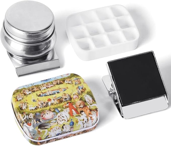 Portable Mini Tin Box 12-Well Empty Watercolor Palette Paint Mixing Tray is a Small Storage Travel Kit with Magnetic Clip and Oil Pot,Making it Outdoor Sketching and DIY Painting.Earthly Paradise