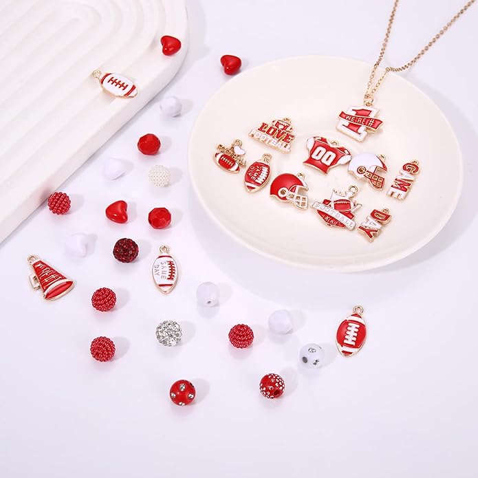 2200PCS+ Game Day Beads Charms for Bracelet Making Polymer Clay Beads Crystal Pearl Letter Gold Spacer Beads Football Charms for Game Day Bracelet Necklace Making DIY Crafts