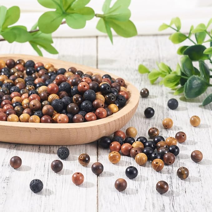 KISSITTY 300Pcs 6 Style Natural Wood Round Gemstone Beads Kit for Easter 8mm Lava Rock Bead & Grade AB Tiger Eye Wood Bead Natural Polished Wooden Ball Loose Beads for Men Bracelet Jewelry Making