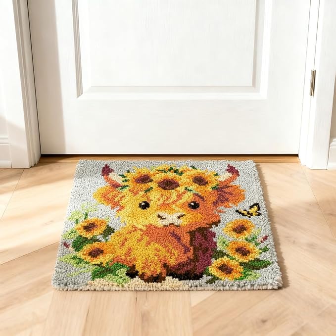 ORIGACH Cow Latch Hook Rug Kit for Adults Printed Rug Making Kit Handmade Carpet Tapestry Cover with Hook Latch and Preprinted Canvas, Home Arts Crafts Sofa Decor, 17.72x17.72inch
