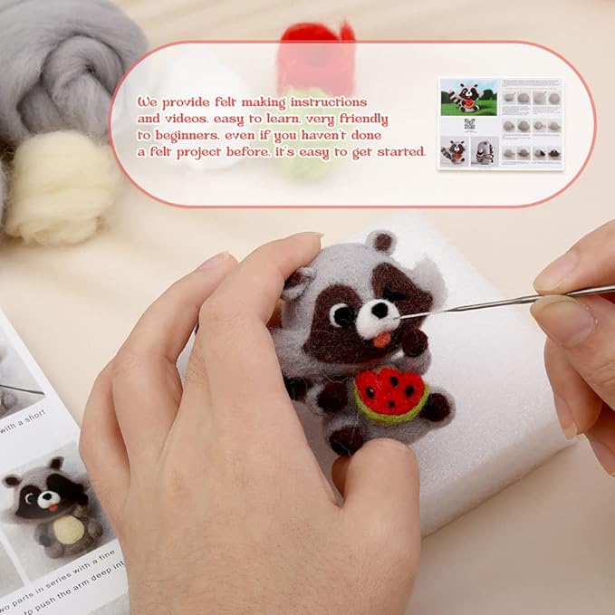 JUPEAN Needle Felting Kit Needle Felting Supplies Raccoon Animal with Wool Roving, Felting Needles, Foam Mat for DIY Feltings Wool Projects