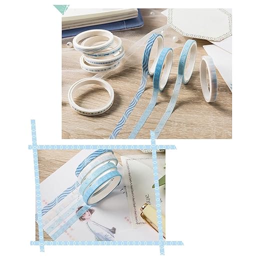 Vintage Pattern 5mm Wide Skinny Washi Tapes Set, 10 Rolls Blue Japanese Masking Decorative Tapes for Bullet Journal Planners DIY Decor Crafts Arts Scrapbooking Adhesive