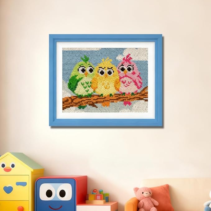 ORIGACH Funny Bird Latch Hook Rug Kit for Adults Printed Rug Making Kit Handmade Carpet Tapestry Cover with Hook Latch and Preprinted Canvas, Home Arts Crafts Sofa Decor, 20.5x15inch