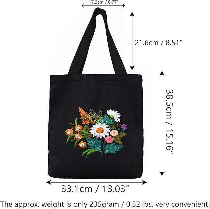 CREAWONDER Canvas Tote Bag Embroidery Kit with Pattern for Beginners, Arts and DIY Embroidery Crafts Kits for Adults, Include Instructions, Thimble, Embroidery Hoops, Color Threads and Tool
