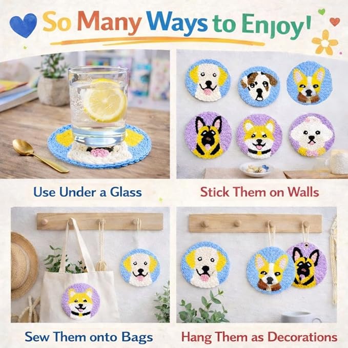 Punch Needle Coaster Kit for Adults Beginners, Easy Punch Embroidery Starter Set with Instructions – Fun Mug Rug Making Kit for Table Decor & Festival DIY Gifts (6pcs Cute Dogs)