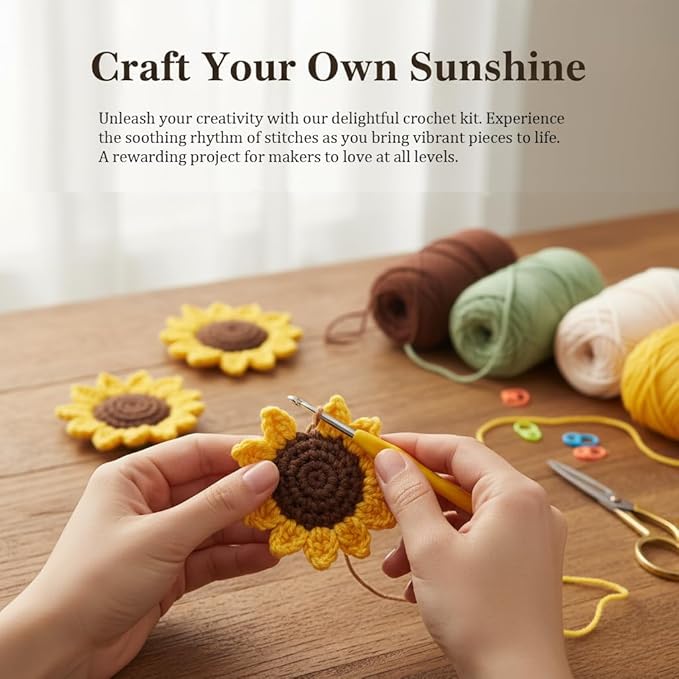ADDZRZR Easy Crochet Sunflower Kit for Beginners Adults,Includes 8 Yarns,7 Crochet Hooks & More, Beginner Crochet and Knitting Kits for Adults & Teens