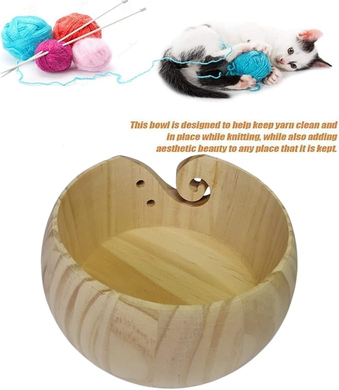 Wooden Knitting Bowls, Handmade Round Woven Yarn Holder with Drill Holes, Smooth Surface, Light and Easy to Carry