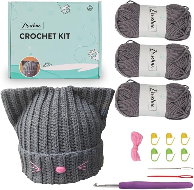 Hat Beanie Crochet Kit, Crochet Kit for Beginners, Step-by-Step Video Tutorials and Detailed Instruction, Complete DIY Learn to Crochet, Crochet Starter Kit with Yarn Hook All Accessories, Cat Ear Hat