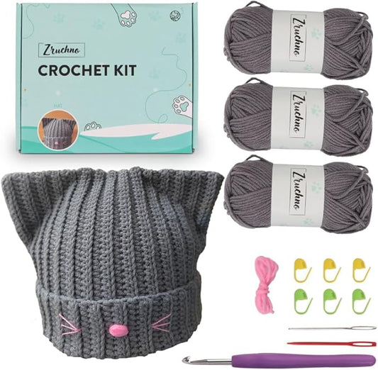 Hat Beanie Crochet Kit, Crochet Kit for Beginners, Step-by-Step Video Tutorials and Detailed Instruction, Complete DIY Learn to Crochet, Crochet Starter Kit with Yarn Hook All Accessories, Cat Ear Hat