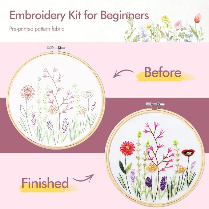 4 pack embroidery kit for beginners adults diy starter kit, cross stitch kits with flower stamped patterns, embroidery hoop, tools,colorful threads,step by step instructions,hand craft lover gift