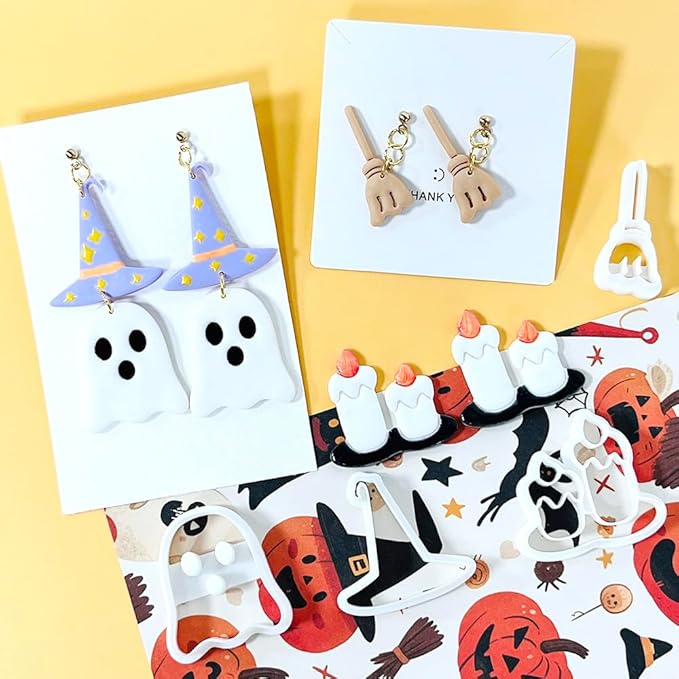 Xaekicr Halloween Polymer Clay Cutters Set – 8Pcs Halloween Clay Earring Cutters with Ghost, Witch Hat, Bat, Spider – Polymer Clay Molds & Clay Tools for DIY Jewelry