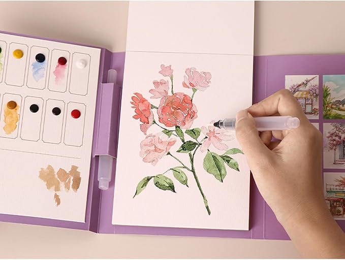 RGBMIX Watercolor Coloring Book for Adults Stress Relief Foldable Painting Pad with 24-Color Paint (Flower and Bird)