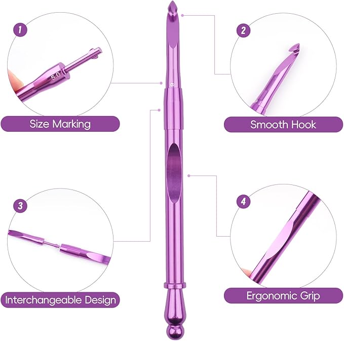 BsHooker Interchangeable Crochet Hooks Set with Case Inline Crochet Hooks Size from 3mm-8mm Ergonomic Handle Crochet Needles Set with Case for Beginners