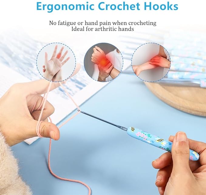Blingcute Ergonomic Crochet Hooks Set – 12 Sizes (2.0mm–8.0mm), Soft Grip Handles with Smooth Aluminum Needles, Portable Case, Comfortable Crochet Kit for Long-Time Crocheting & Arthritic Hands